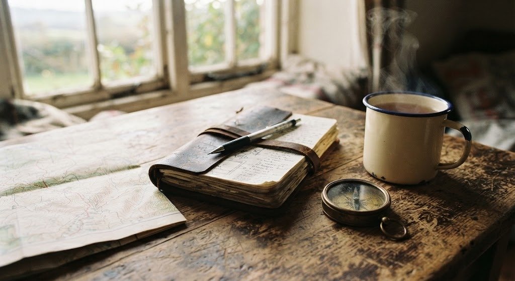 Notebook, compass and map on a wooden table